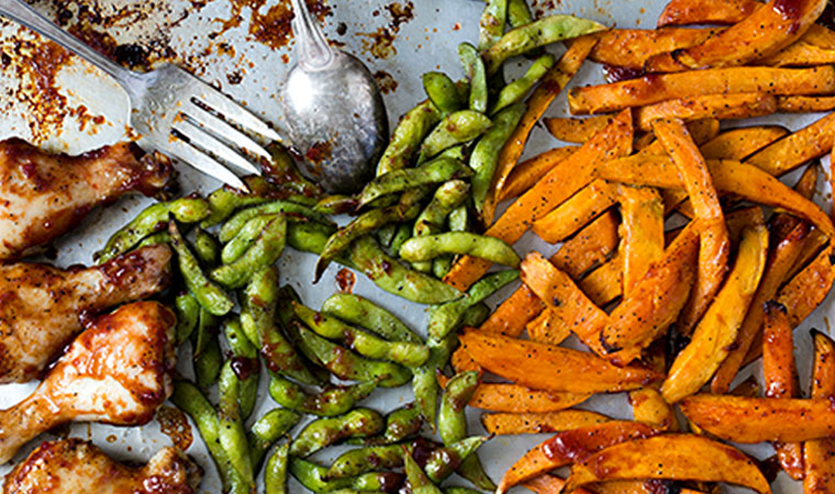 Cranberry    Chicken    With    Sweet    Potato    Fries    and    Edamame