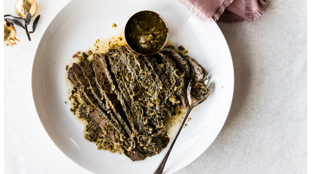 Pesto Brisket in Shallot and White Wine Sauce