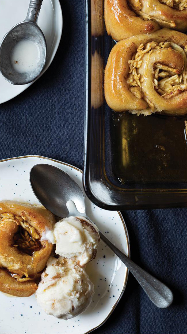 hot sticky apple buns with vanilla-cinnamon ice cream
