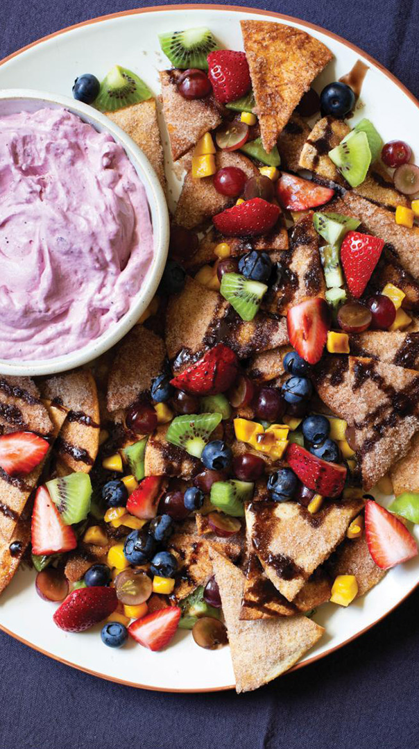 fresh fruit nachos with blueberry dipping cream