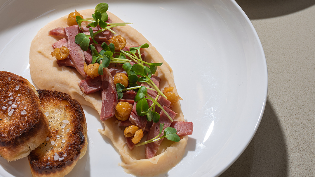 Chipkele Bundlech (White-Bean Chummus) with Pickled Tongue