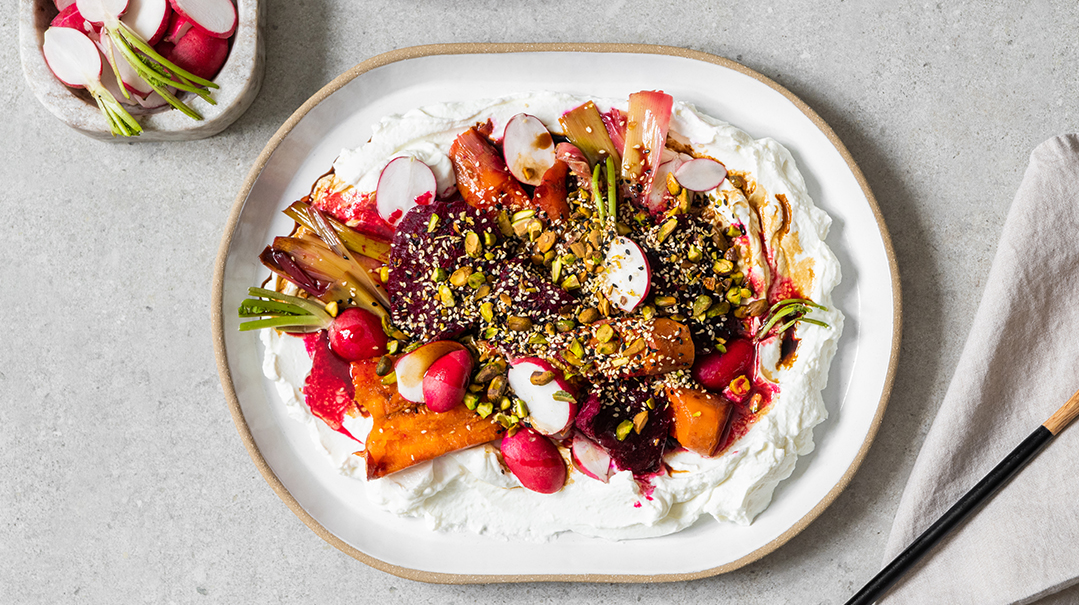 Pot Roast Vegetables over Yogurt Cream