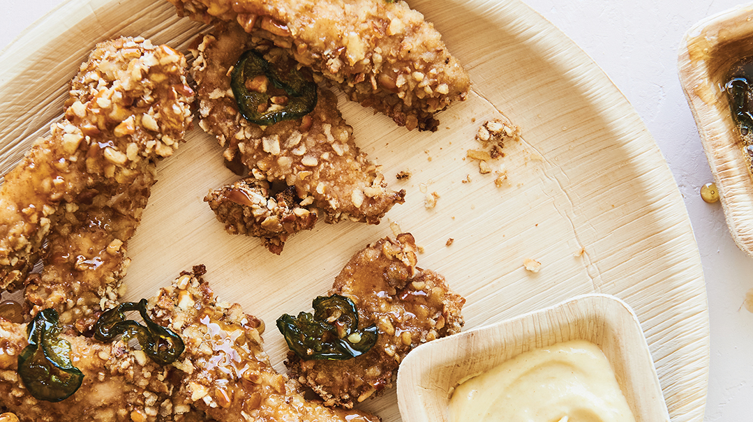 Pretzel Chicken Strips with Jalapeño Honey