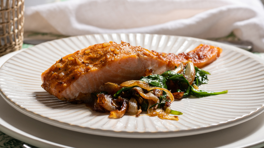 Spectacular Honey-Mustard Salmon over Spinach and Onions