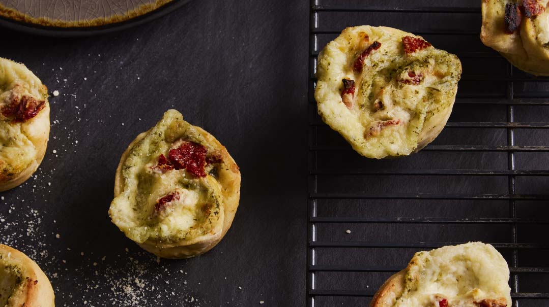 Three-Cheese Pesto and Tomato Buns