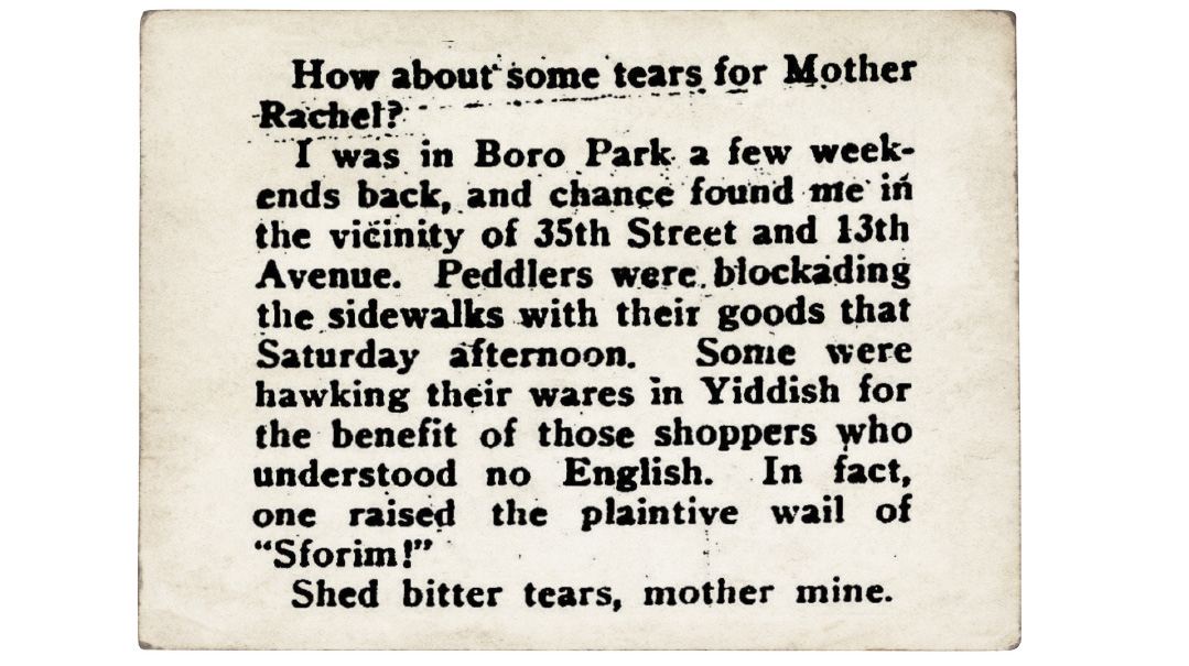 Mama Rochel Cries for Boro Park