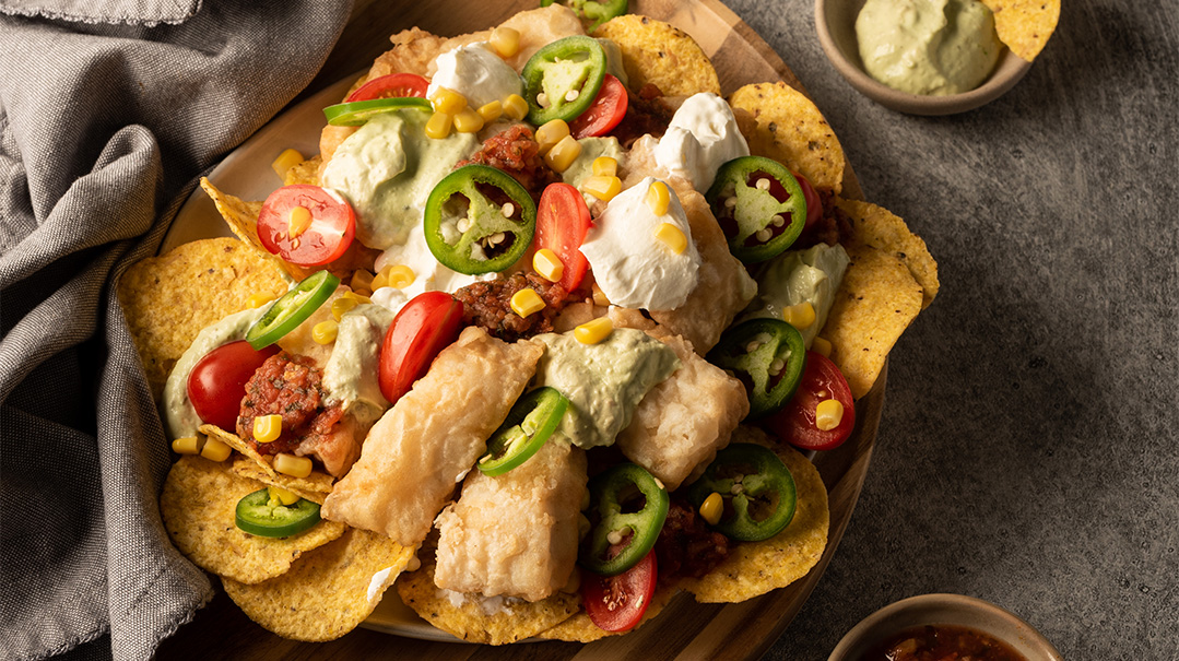 Crispy Battered Tilapia Nachos with Avocado Crème