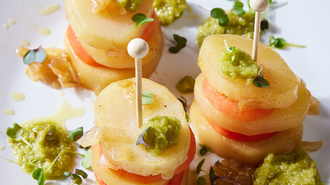 Potato and Tomato Stack with Nut-Free Mock Pesto