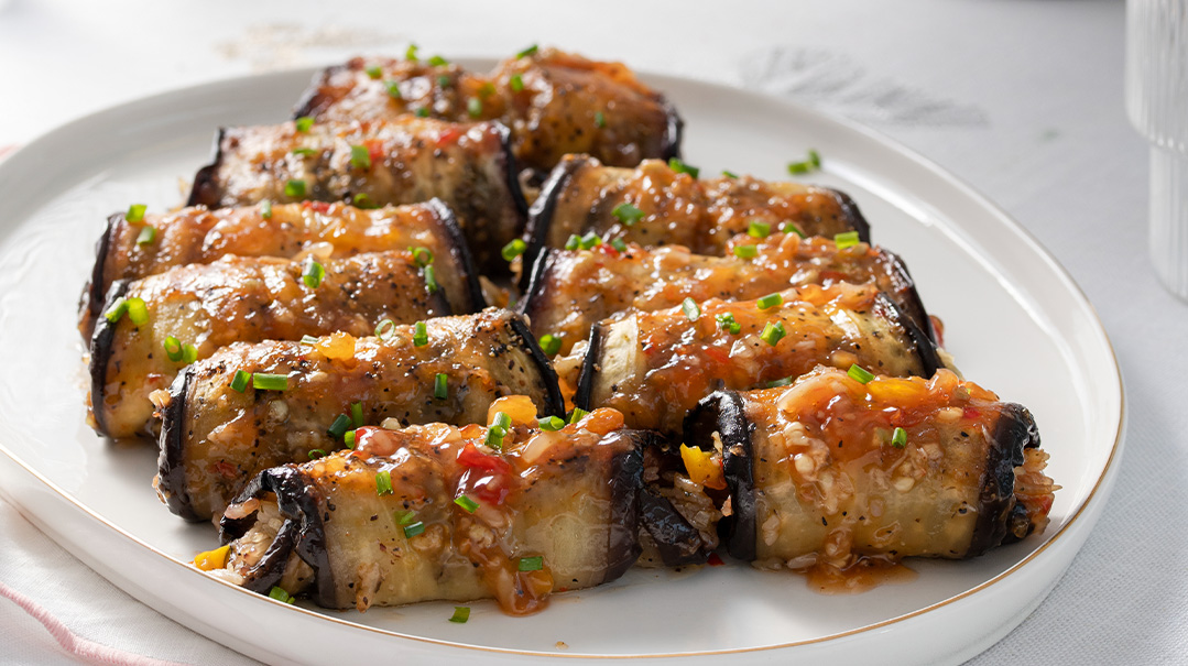 Sweet-and-Sour Glazed Eggplant Rollups