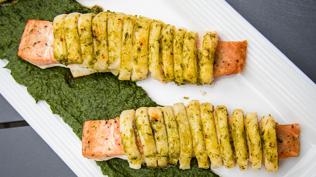 Hasselback Salmon with Creamed Spinach