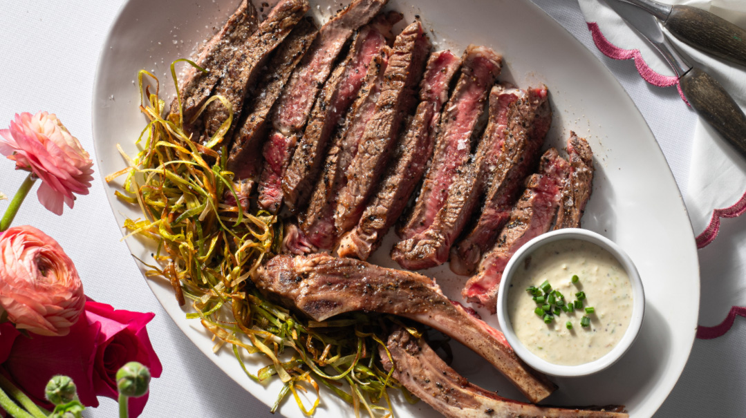 Rib Steak with Roasted Garlic-Horseradish Sauce and Frizzled Leek