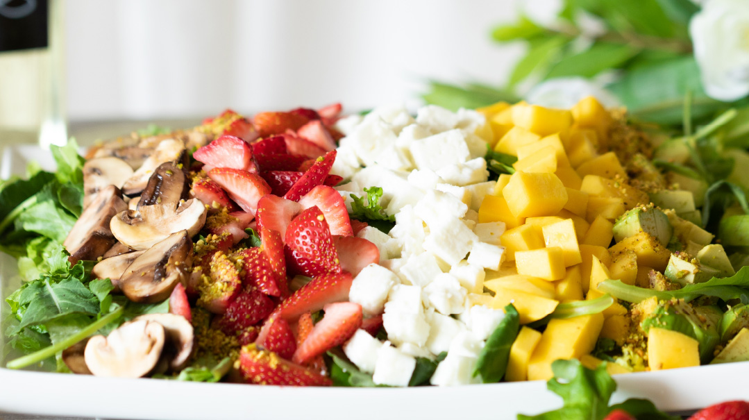 Roasted Portobello, Feta, and Fruit Salad with Honey-Mango Balsamic Vinaigrette