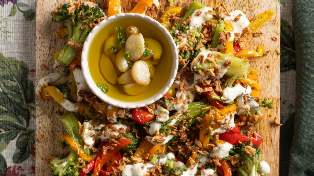 Loaded Roasted Vegetables with Lemon-Garlic Dressing