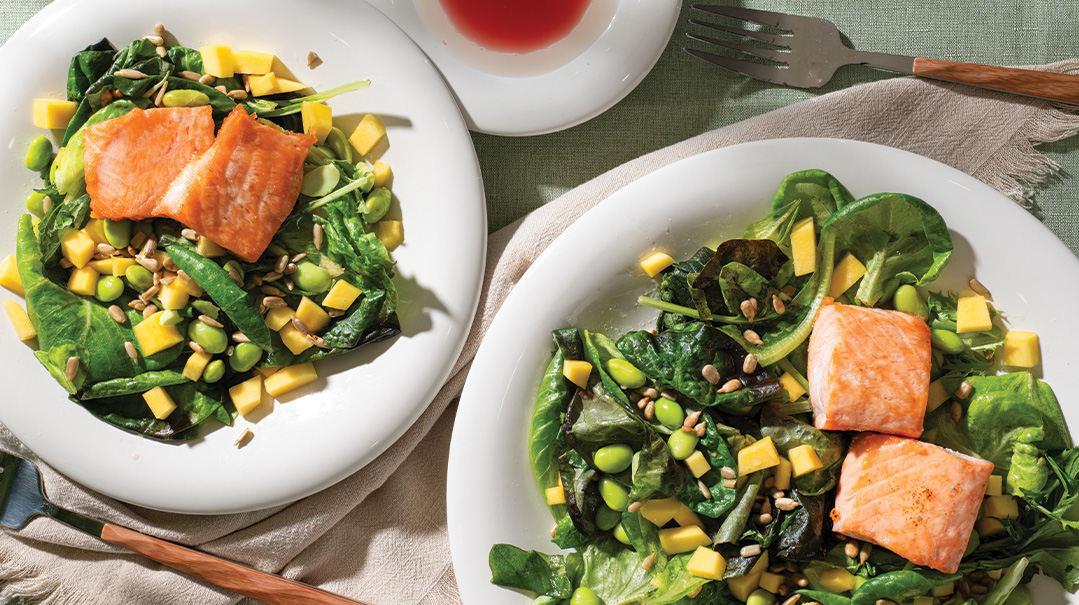 Mango Edamame Salad with Brined Salmon and Ume Plum Vinegar Dressing