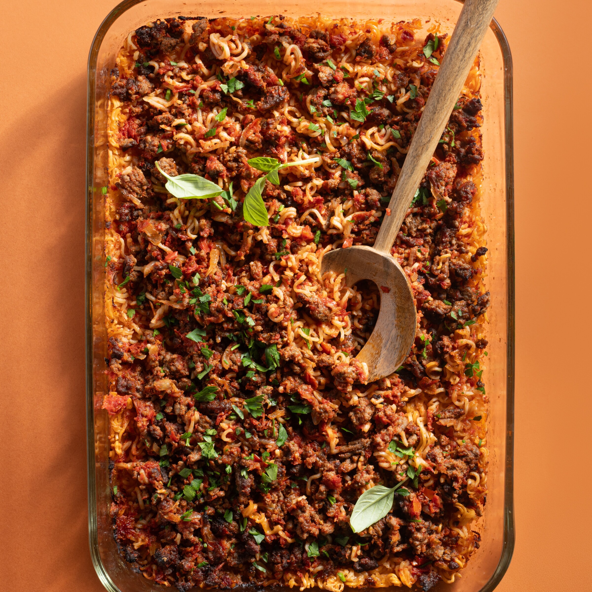 Beefed-Up Saucy Ramen Bake
