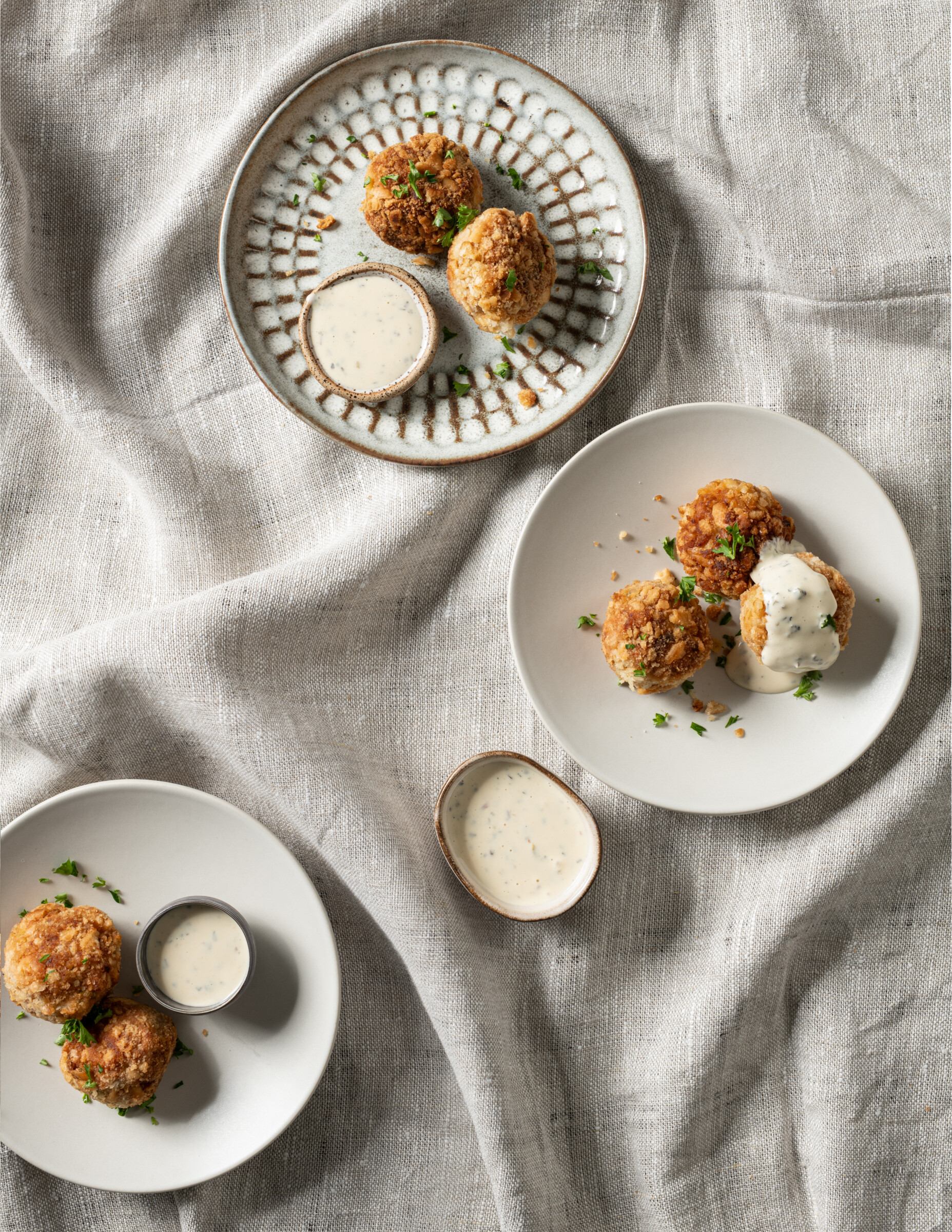 Coated Chicken and Pastrami Balls with Lemon-Basil Dipping Sauce